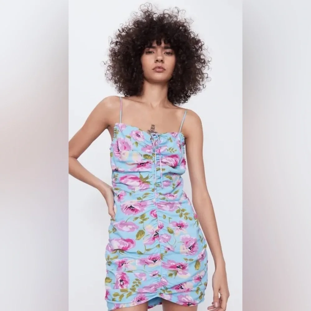 Zara Blue/Pink Floral Ruched Drawstring Mini Dress - Picture 1 of 2